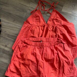 FREE PEOPLE RED LINEN SET HALTER NECK BACKLESS